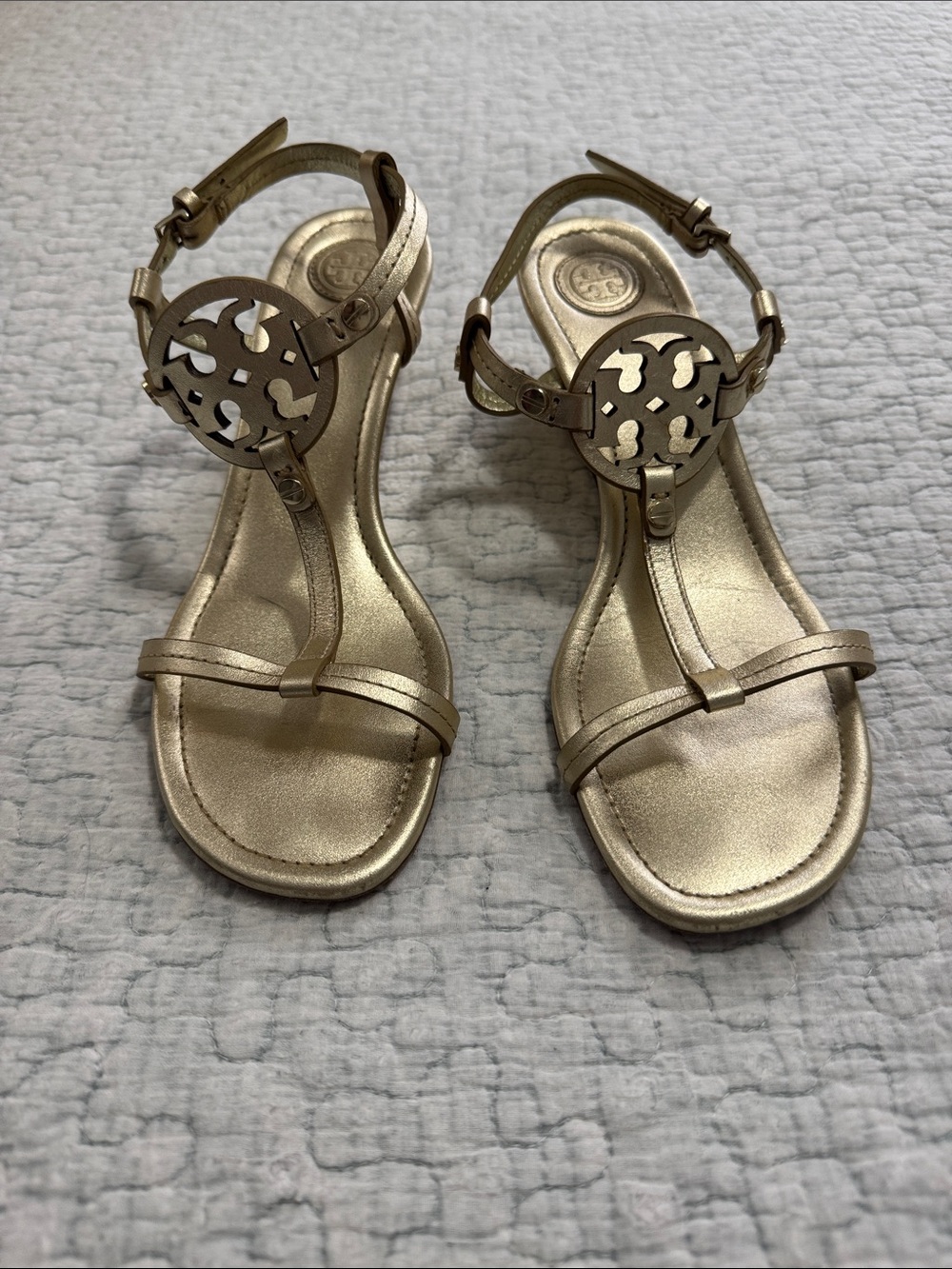 Tory Burch Metallic Gold Logo T-Strap Sandals
